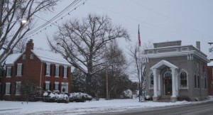 Bank and street in snow